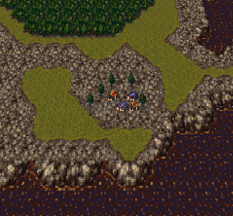 Jidor dans le Monde en Ruines : plaine olivâtre et ville minuscule au bord d’une mer sombre (version SNES)