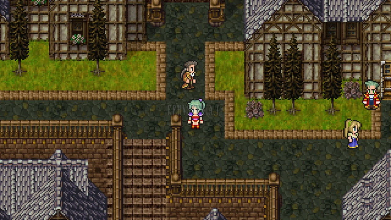 Les ruelles pavées de Jidor dans le Monde en Ruines, maisons à colombages et personnages (Pixel Remaster)