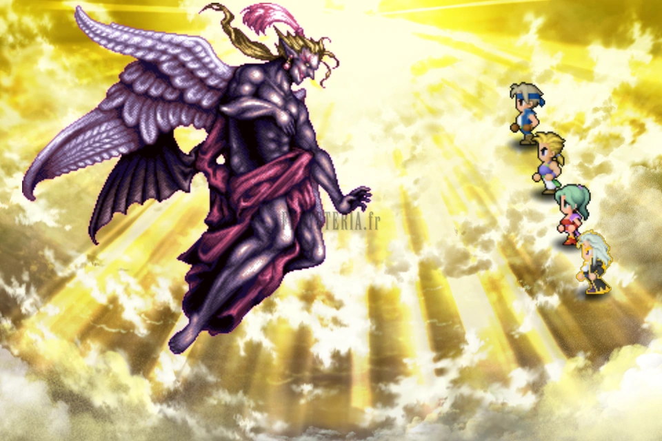 Le combat final : Kefka ailé dans une lumière dorée, le groupe aligné sur la droite (version mobile/PC)