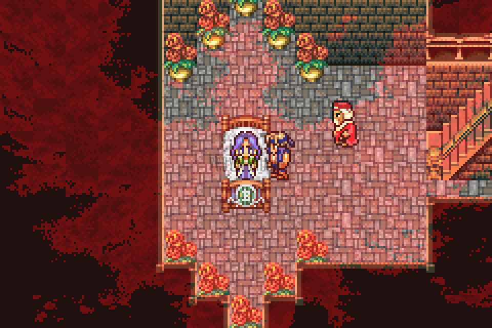 Rachel allongée sur son lit de fleurs à Kolinghen, un personnage près d’elle (version GBA)