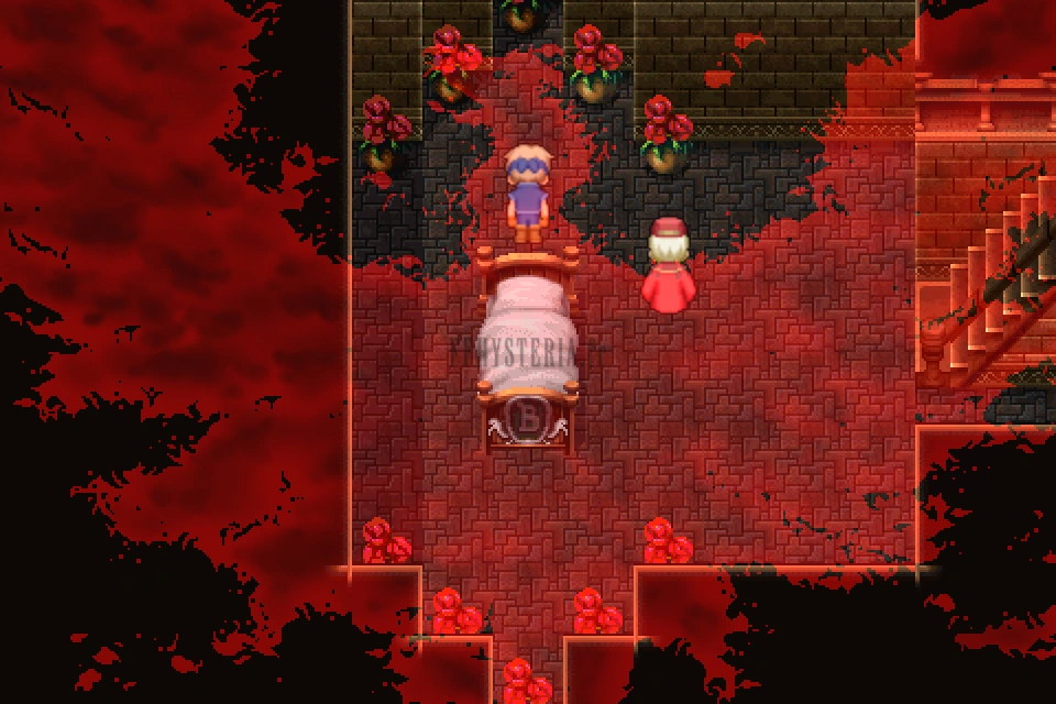 La cave de Kolinghen baignée de rouge : Rachel couchée dans un lit entouré de fleurs, Locke à son chevet et un vieil homme en rouge (version mobile/PC)