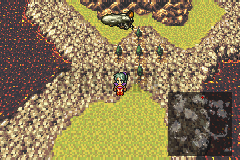 Sur la mappemonde GBA, les arbres en croix qui signalent la cabane de Duncan, le Faucon juste au-dessus (version GBA)