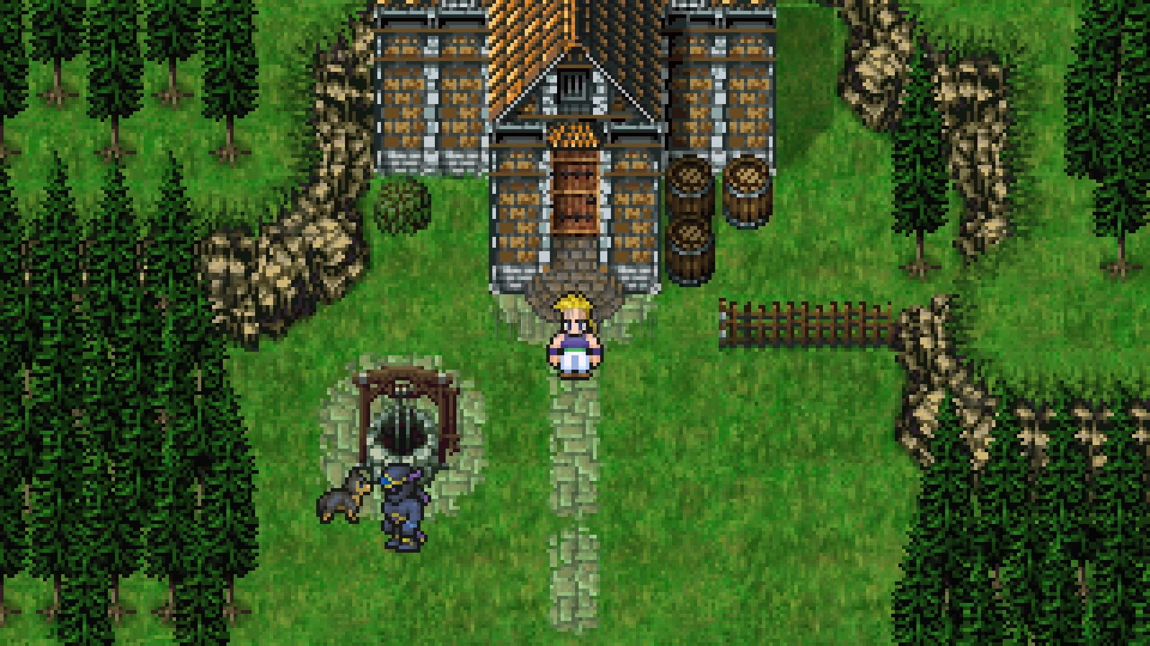 La Maisonnette entre les sapins : maison de pierre au toit brun, puits et tonneaux (Pixel Remaster)