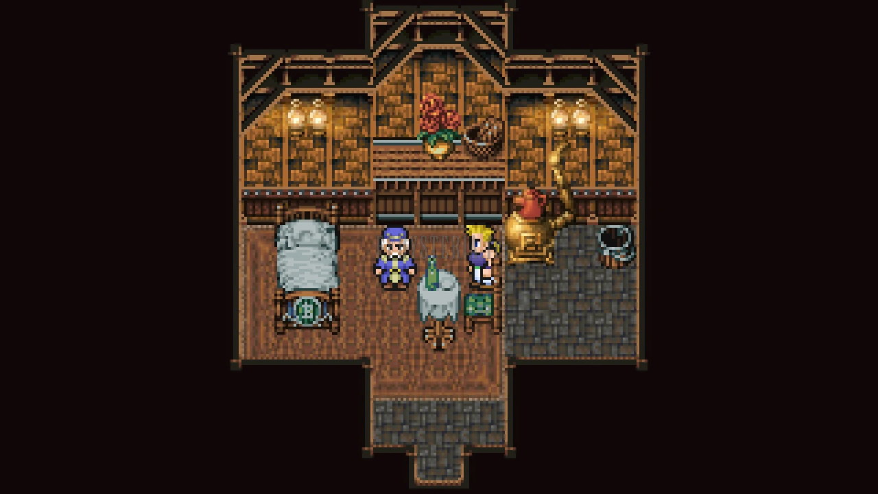 L’intérieur de la Maisonnette : lit, table ronde et fourneau, le vieil homme en manteau bleu au centre (Pixel Remaster)