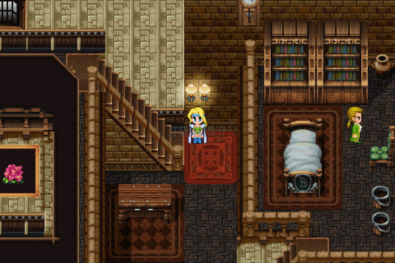 Le hall du Manoir d’Owzer : escalier de bois, bibliothèques et lit à baldaquin, où l’Imprésario attend (version mobile/PC 2014)