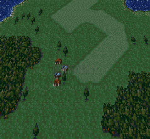 Maranda sur la mappemonde : quelques toits minuscules entre la forêt et la prairie (version SNES)