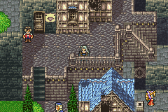 Maranda : ruelles pavées, escaliers de pierre et toits bleus, Setzer au centre (version GBA)