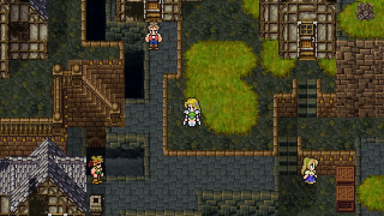 Les rues pavées de Maranda, où vit Lola, entre maisons de pierre et carrés d’herbe (Pixel Remaster)
