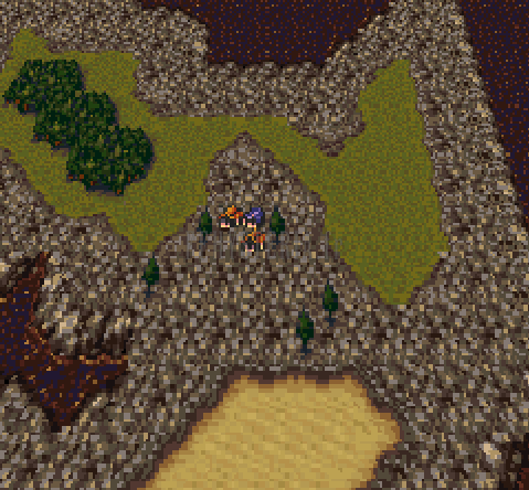 Maranda sur la mappemonde des ruines : la ville sur un plateau rocheux, entre plaine olivâtre, forêt et sable (version SNES)