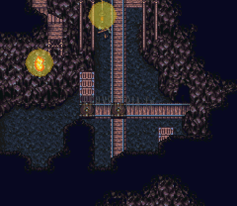 Les galeries de la mine de Narshe : échafaudages de bois et lanternes (version SNES)