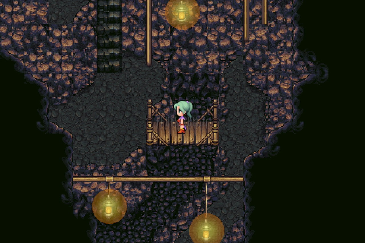 Terra, seule et sans armure, dans une galerie de la mine éclairée de lanternes (version mobile/PC 2014)