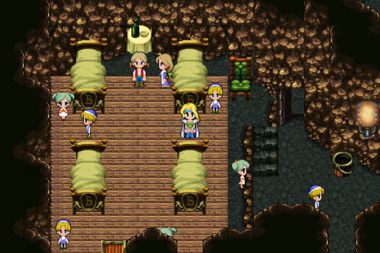 L’abri souterrain de Mobliz : lits alignés sur un plancher de bois, enfants et Celes (version mobile/PC)