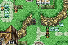 Mobliz en version GBA : maisons, pelouses fleuries et sentiers au bord des falaises (version GBA)