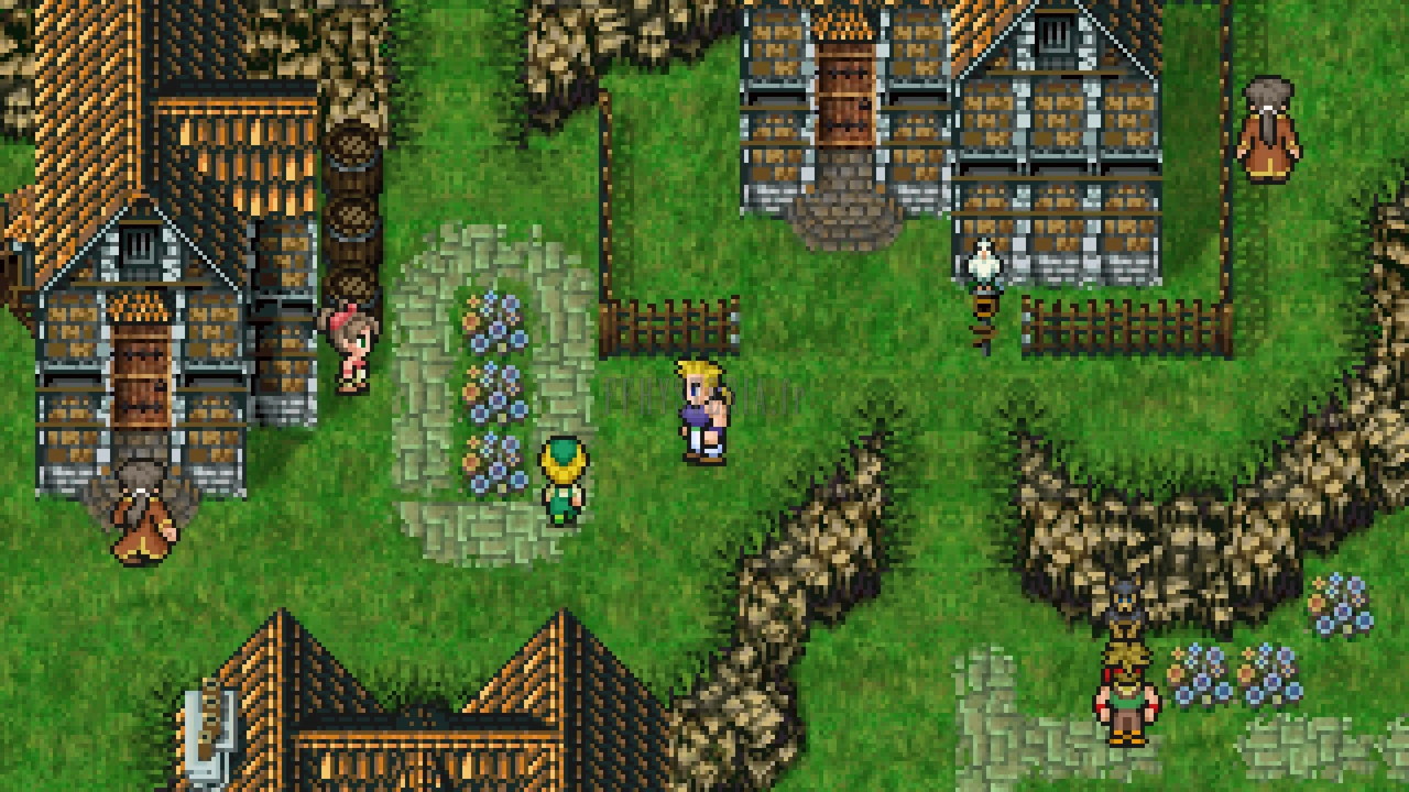 Mobliz dans le Monde de la Balance : maisons de bois, massifs de fleurs et chemins de terre au bord des falaises (Pixel Remaster)