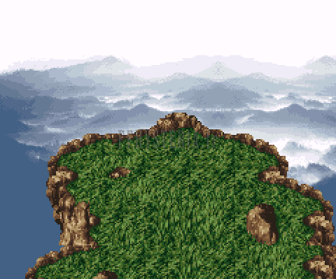 Le sommet herbeux du Mont Zozo au-dessus d’une mer de nuages et de montagnes (version SNES)