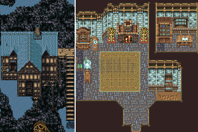 Narshe et l’intérieur de la maison du maire, où se réunit la Résistance (montage de deux captures, version GBA)