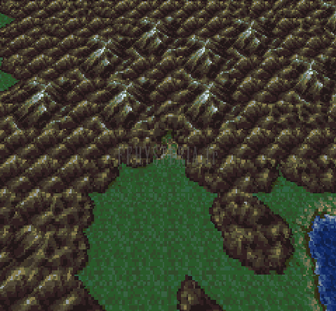 Les environs de Narshe sur la mappemonde : montagnes brunes et vallée verte (version SNES)