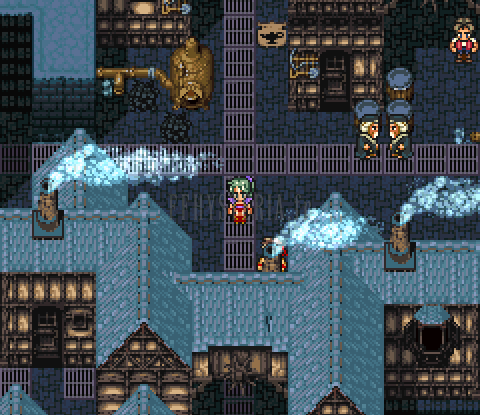 Les rues de Narshe sous la neige, maisons aux toits bleus et cheminées fumantes (version SNES)