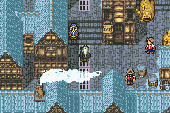 Narshe dans le Monde de la Balance : toits enneigés, maisons de bois et panaches de vapeur (version GBA)