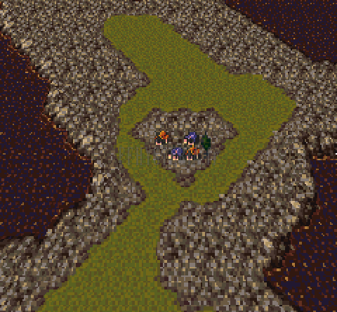 Nikéa sur la mappemonde du Monde en Ruines : langue de plaine entre les rochers, au bord d’une mer sombre (version SNES)