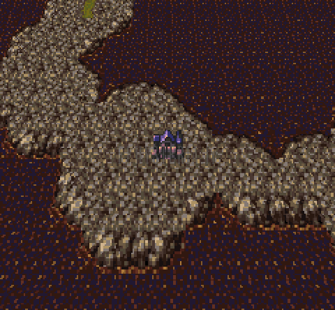 L’Opéra, petit bâtiment isolé sur une langue de terre grise, sur la mappemonde du Monde en Ruines (version SNES)