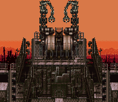 Le Palais impérial sous le ciel orangé de Vector, les grues suspendues au-dessus des tours (version SNES)