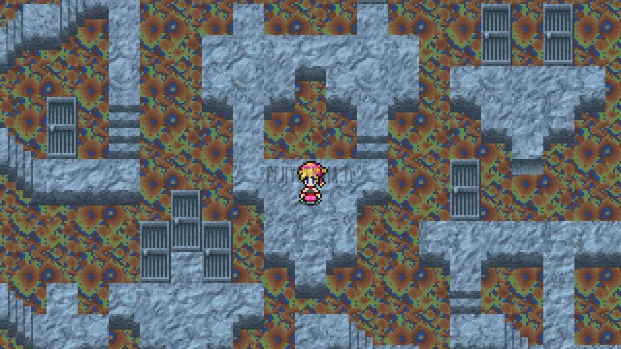 Les passerelles bleues et les portes grillagées du Pays des rêves, un personnage au centre (Pixel Remaster)