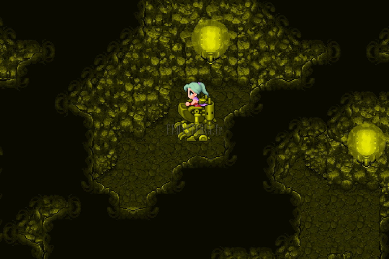 Les galeries jaunâtres des mines du rêve, un personnage en armure magitech entre deux lueurs (version mobile/PC 2014)
