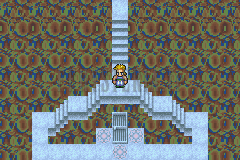 Un escalier de glace descend vers une porte, au bas d’un palier posé sur le fond à motifs du Pays des rêves (version GBA)