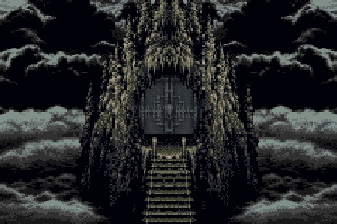 Le portail scellé au sommet de son escalier taillé dans la roche, sous un ciel d’orage (version GBA)