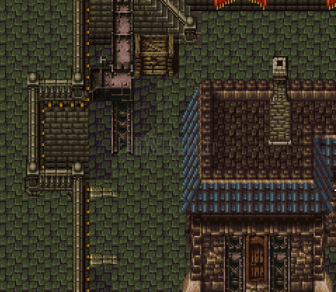 Le Poste d’observation impérial, bâtiments sombres de bois et de pierre (version SNES)