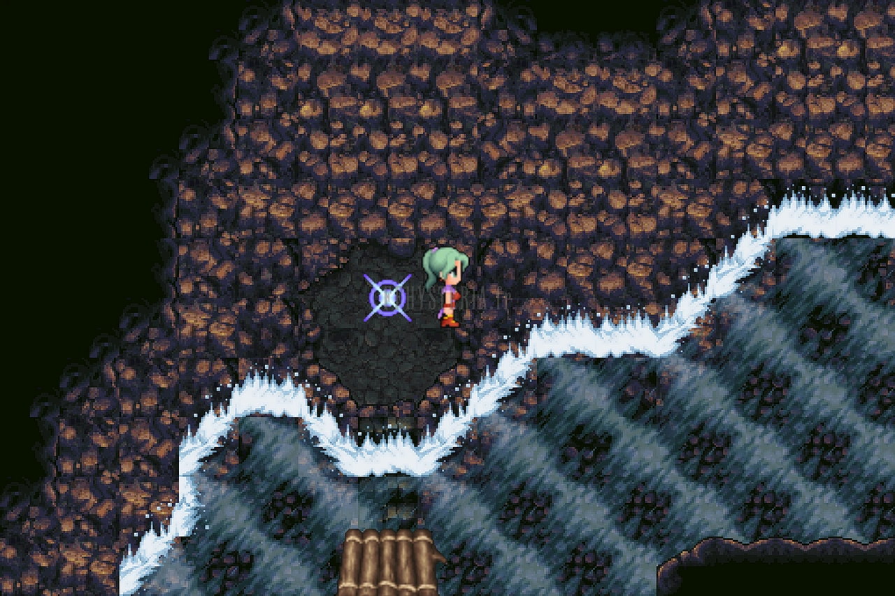 Une grotte au bord du fleuve écumant, avec son point de sauvegarde (version mobile/PC 2014)