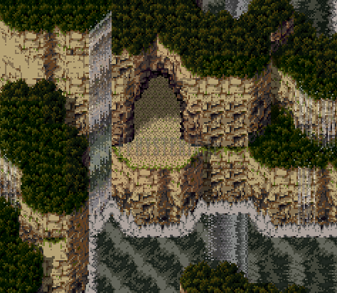 Falaises boisées et entrée de grotte au-dessus du Léthé (version SNES)