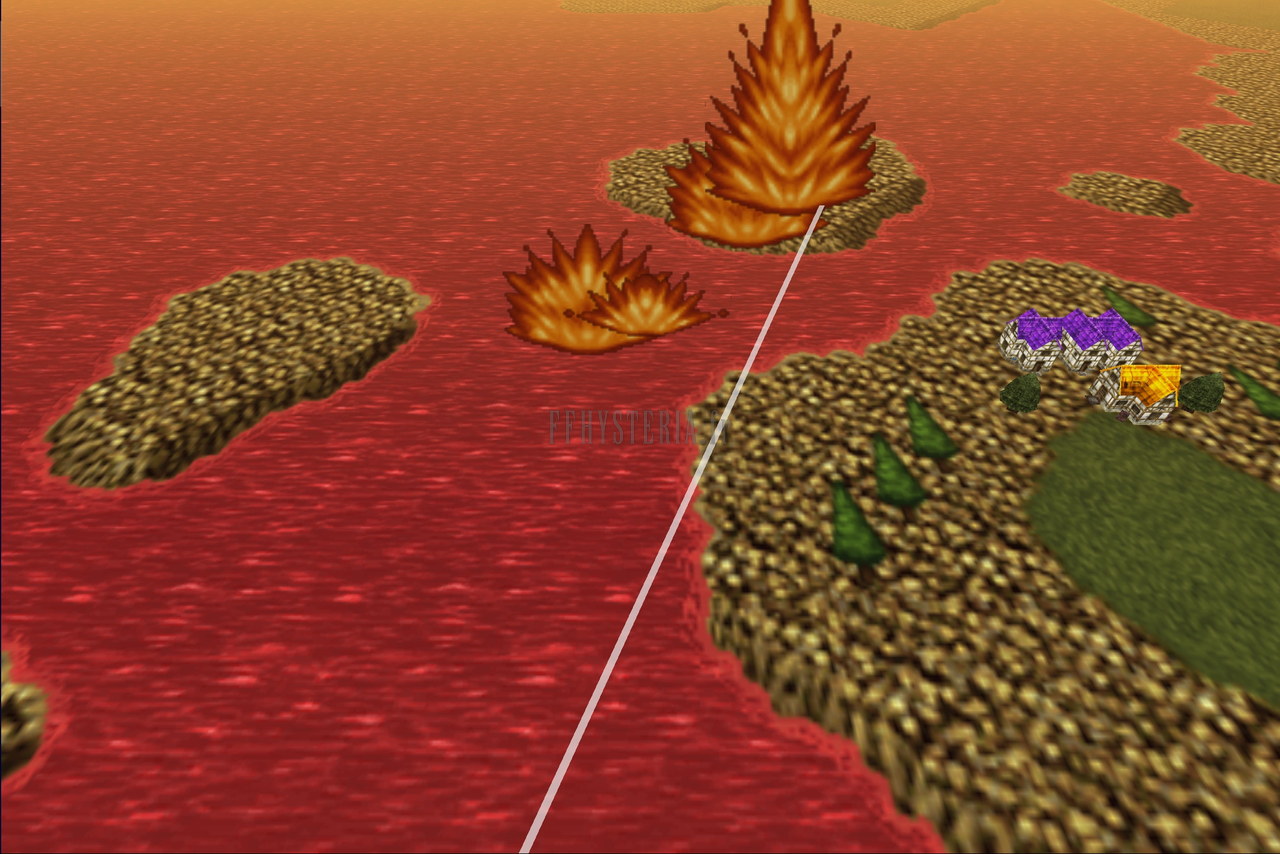 Le rayon de Kefka frappe la terre : un trait de lumière et des incendies au-dessus de la mer rouge (version mobile/PC)