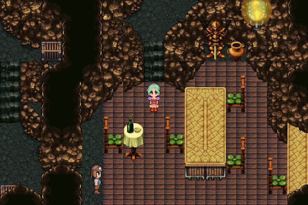 La salle principale du repaire : plancher, grande table et lanterne (version mobile/PC 2014)