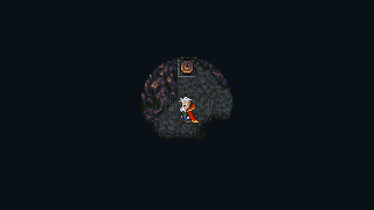 Dans le Rocher d’Ebot, seul un petit cercle de lumière autour du personnage perce l’obscurité (Pixel Remaster)
