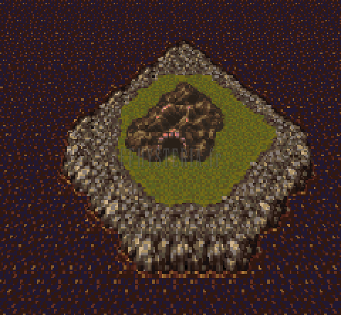 Le Rocher d’Ebot sur la mappemonde : un îlot de roche à la pointe herbeuse, seul en pleine mer (version SNES)