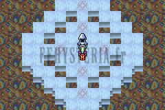 Le Temple des âmes, dallage en losange sur fond d’écailles colorées, un personnage au centre (version GBA)