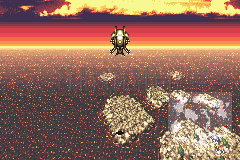 Le Faucon survole une mer dorée semée d’îlots rocheux, près du Temple des âmes (version GBA)