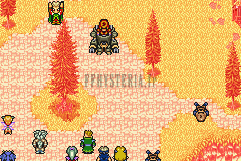 Thamasa en flammes pendant l’attaque de Kefka : armure magitech, chimères et villageois (version GBA)