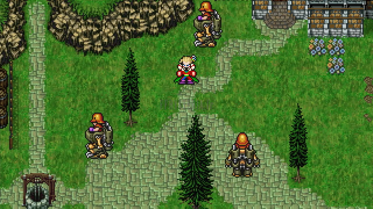 L’attaque de Thamasa : soldats en armure magitech sur les chemins du village (version Pixel Remaster)