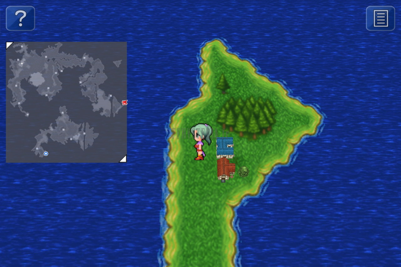 L’île du croissant sur la mappemonde : Thamasa sur sa côte est, bordée de forêt (version mobile/PC 2014)