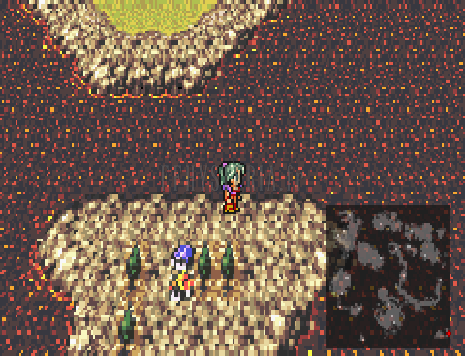 Thamasa sur la mappemonde des ruines : terres pierreuses, deux personnages, minicarte en bas à droite (version GBA)
