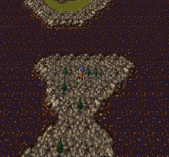 Thamasa sur une langue de terre pierreuse entourée d’une mer brun-rouge (version SNES)