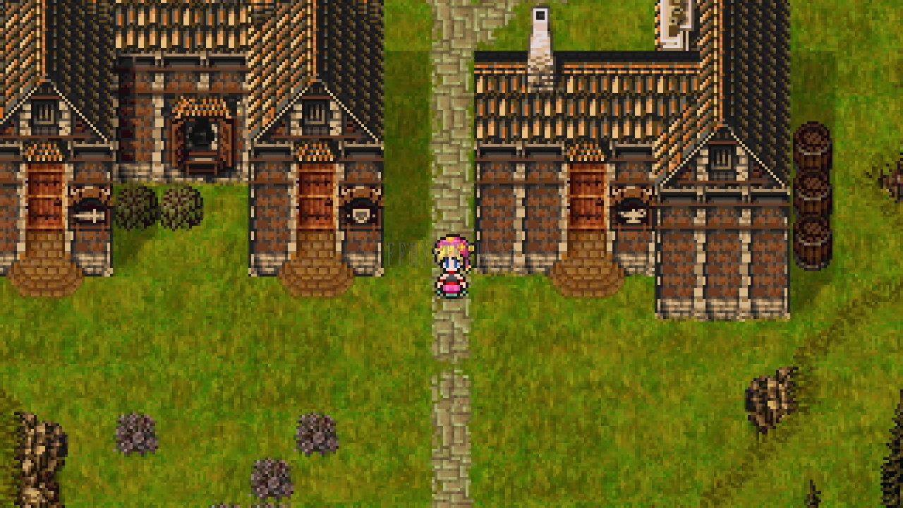 Thamasa dans le Monde en Ruines : maisons de bois et chemin pavé au milieu de l’herbe (Pixel Remaster)
