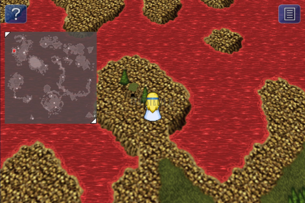 L’entrée de la Tombe de Daryle sur la mappemonde des ruines, Celes à côté, mer rouge autour (version mobile/PC)