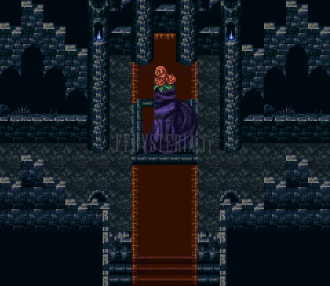 Au fond de la tombe : une silhouette drapée de violet devant la stèle couronnée de roses (version SNES)