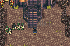La procession des fanatiques en robe verte au pied du grand escalier de la tour (version GBA)