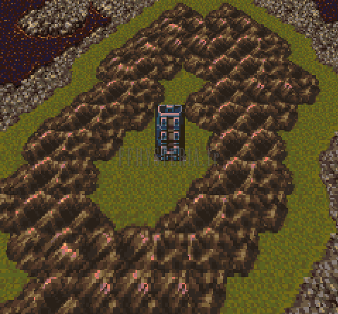 La Tour des fanatiques, seule au centre d’un anneau de montagnes brunes (version SNES)