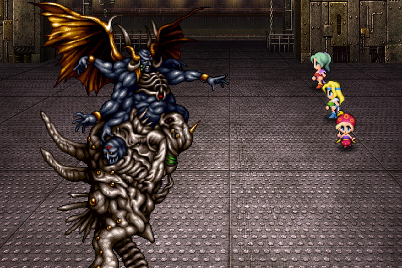 Combat contre Daïmon, démon bleu ailé dressé sur un amas de corps, face au groupe (version mobile/PC)